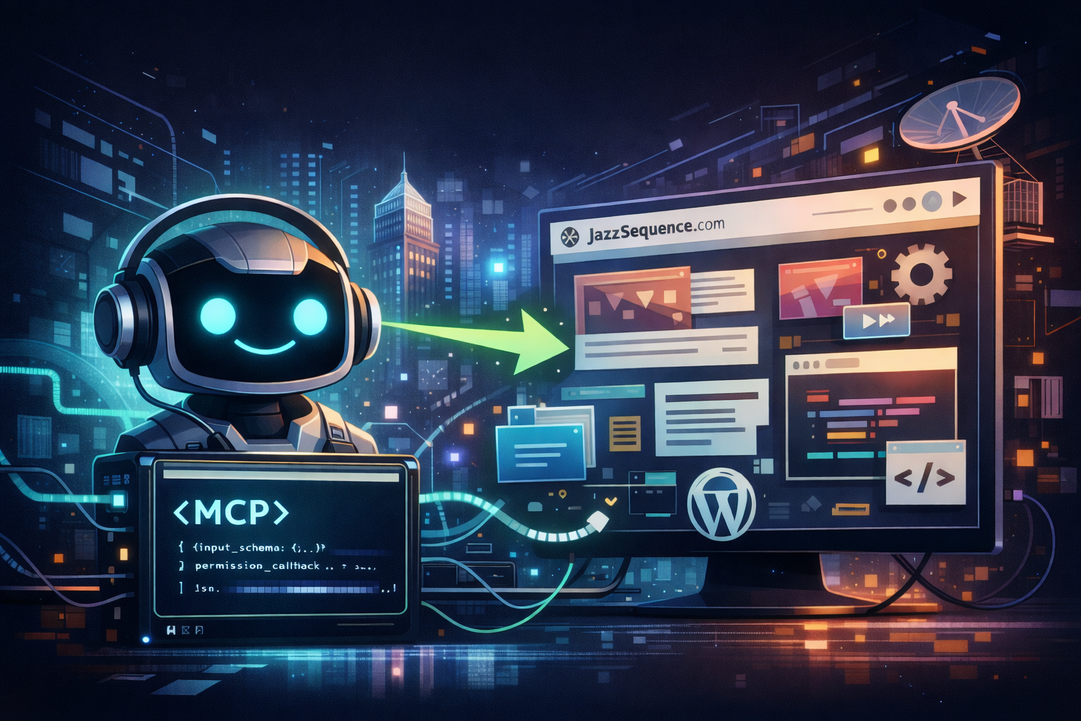 Futuristic digital illustration of a friendly AI assistant connected to a glowing Model Context Protocol interface, analyzing and interacting with a WordPress-powered website dashboard filled with code snippets, UI components, and data panels, with neon data streams linking the AI to the site against a nighttime cityscape of servers and networks — image created by DALL·E via ChatGPT.