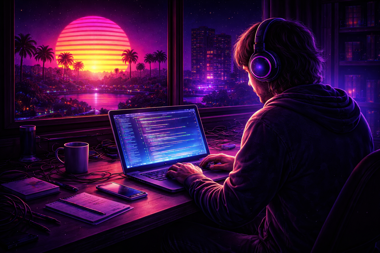 Person working at a laptop in a neon-lit synthwave room, seen from behind, with purple headphones, a cluttered desk, and a glowing retro sunset cityscape outside the window — image created by DALL·E via ChatGPT